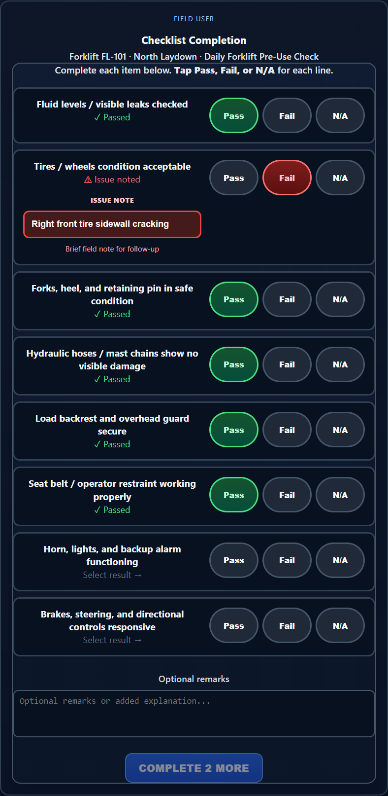 Field checklist in progress with passed items, a failed tire item, and an inline issue note.