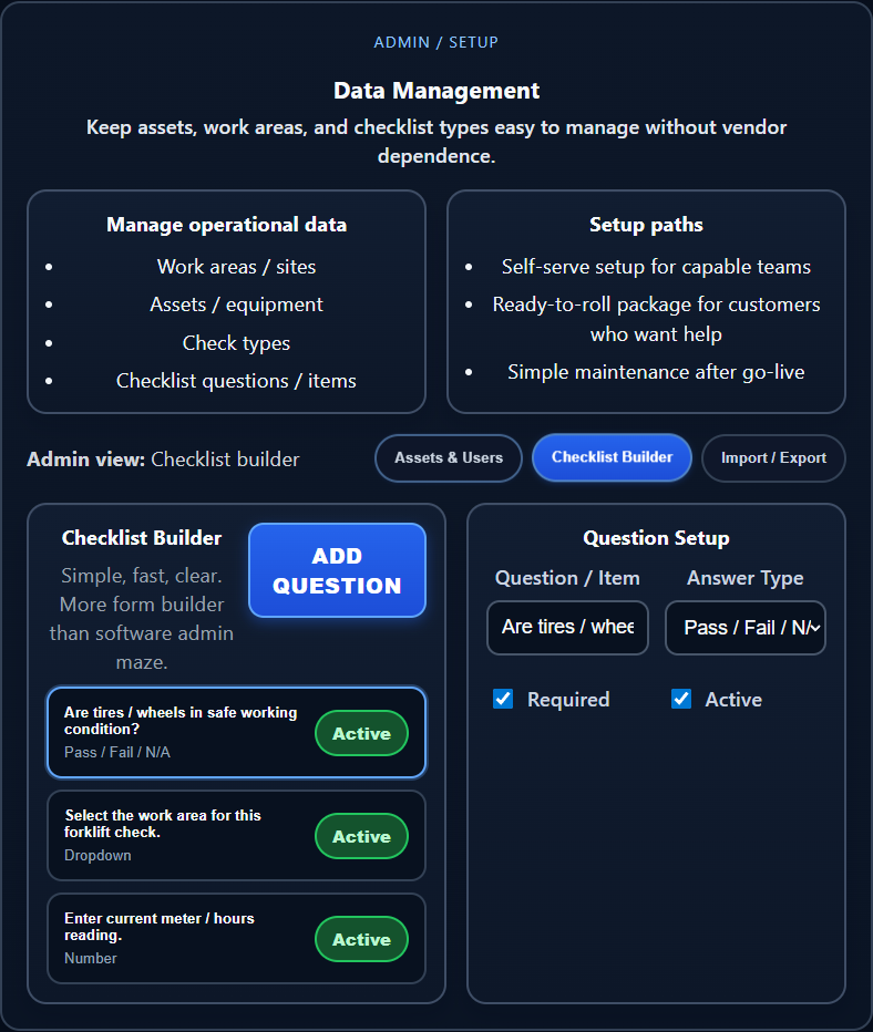 Admin checklist builder with editable questions, answer types, and active-required controls.