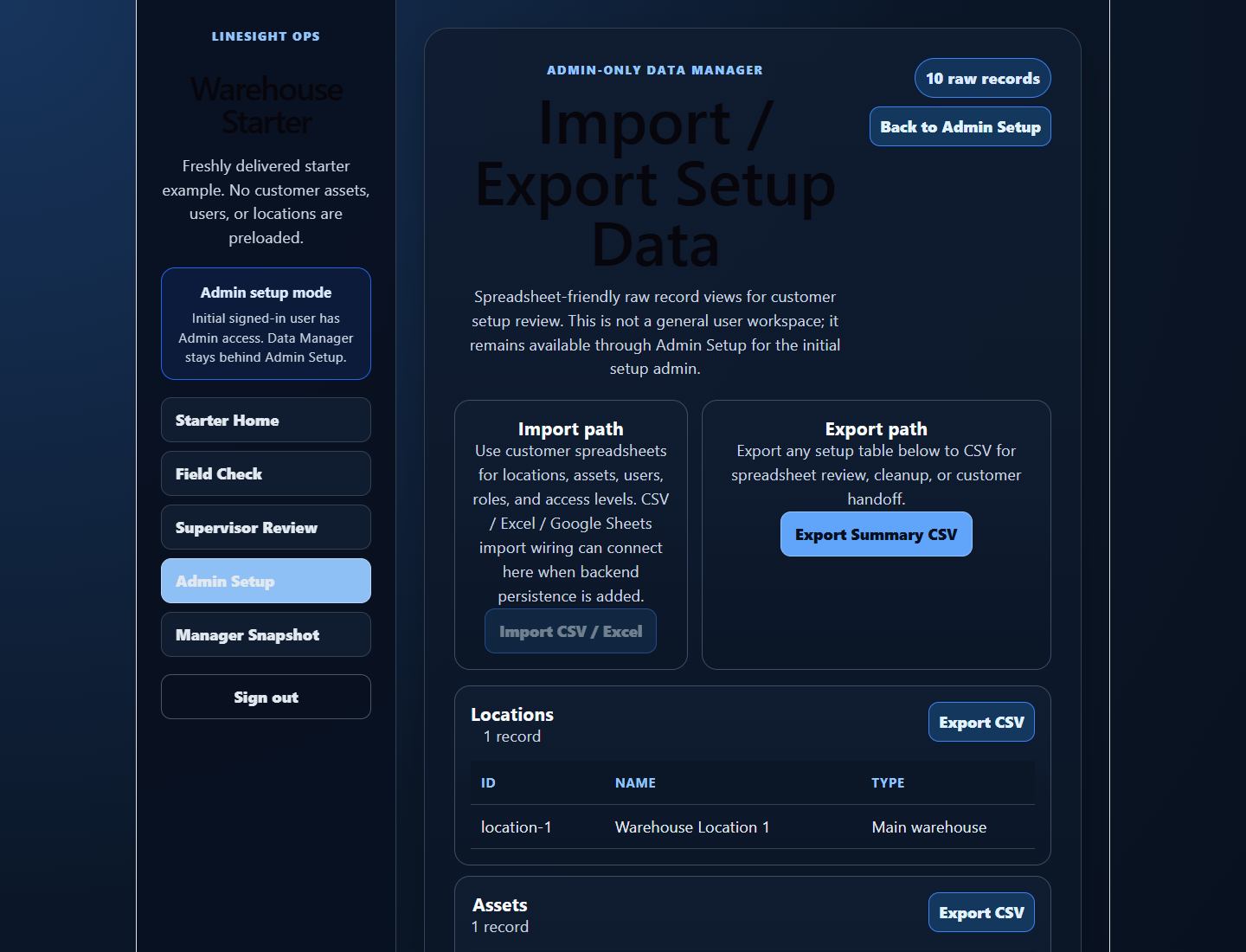 Admin-only data manager showing setup data tables and CSV exports.