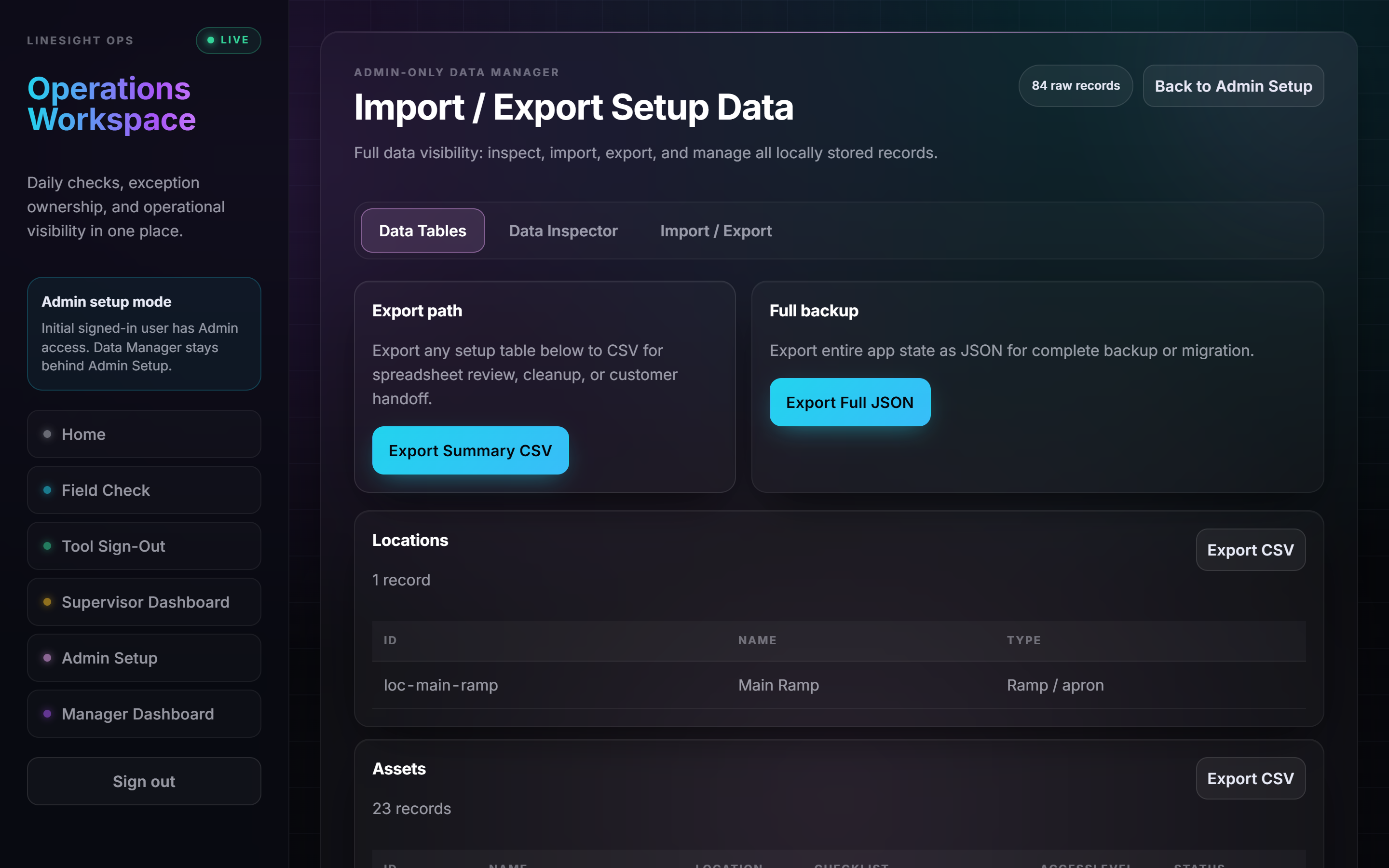 Admin-only data manager showing setup data tables, import / export, and CSV tools.