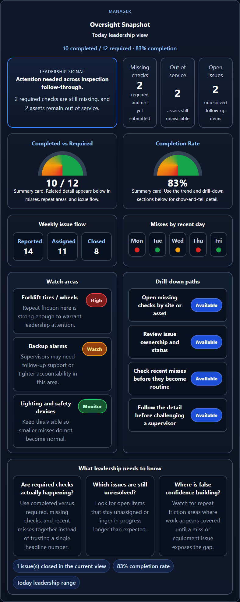 Manager dashboard showing leadership signal, KPIs, watch areas, and oversight questions.