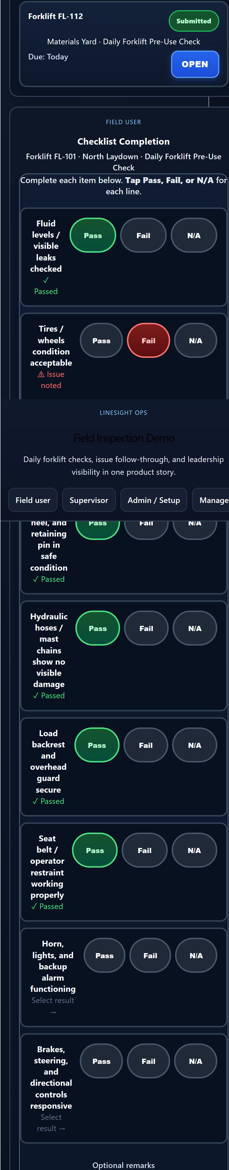 Mobile field checklist view from the prototype.